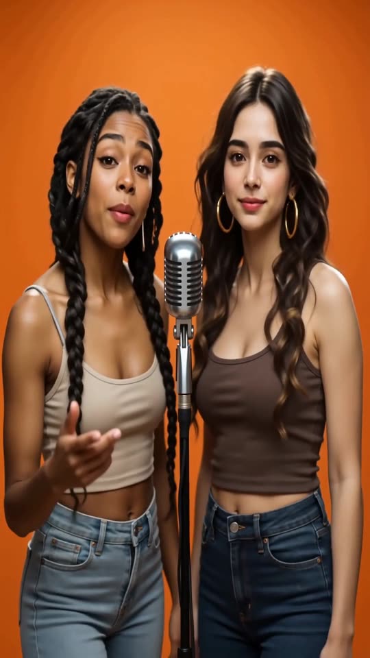 Two friends rapping together at one microphone in the orange Hotel Lobby booth, made with Rap Duo AI