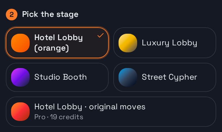 Step 2 in the studio: the stages, with the orange Hotel Lobby booth selected