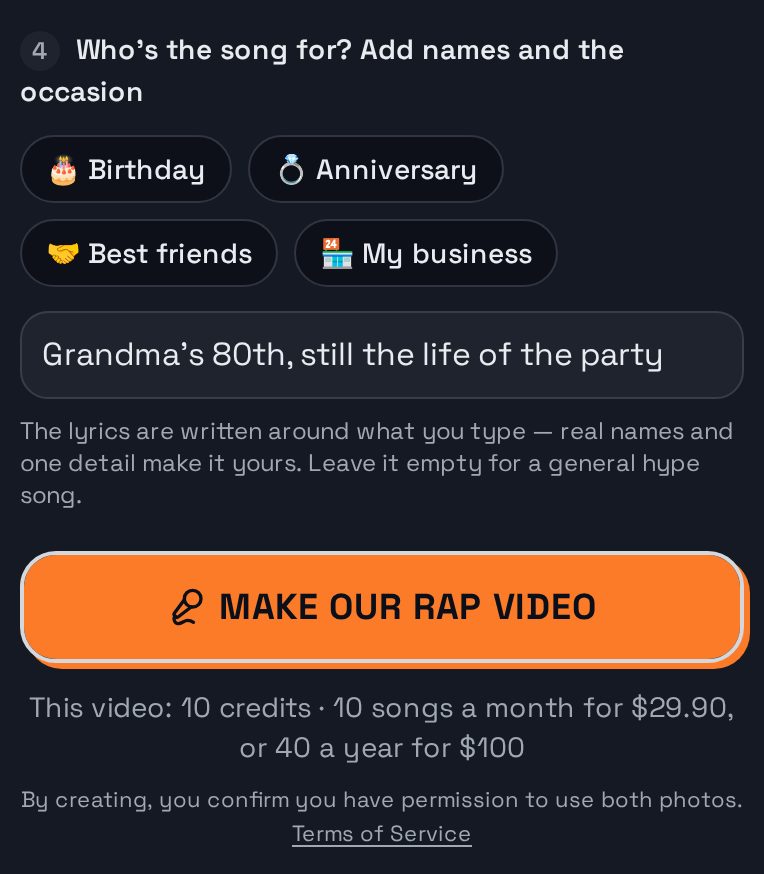 Step 4 in the studio: the topic box filled in with “Grandma's 80th, still the life of the party” above the Make our rap video button